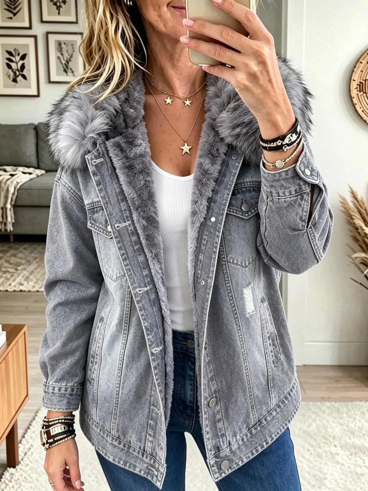 Chaqueta Vaquera con Capucha de Pelo y Forro Polar