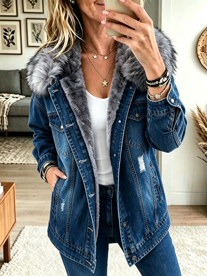Chaqueta Vaquera con Capucha de Pelo y Forro Polar