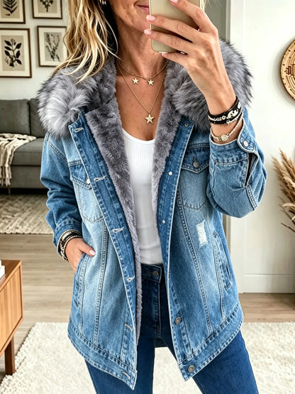 Chaqueta Vaquera con Capucha de Pelo y Forro Polar