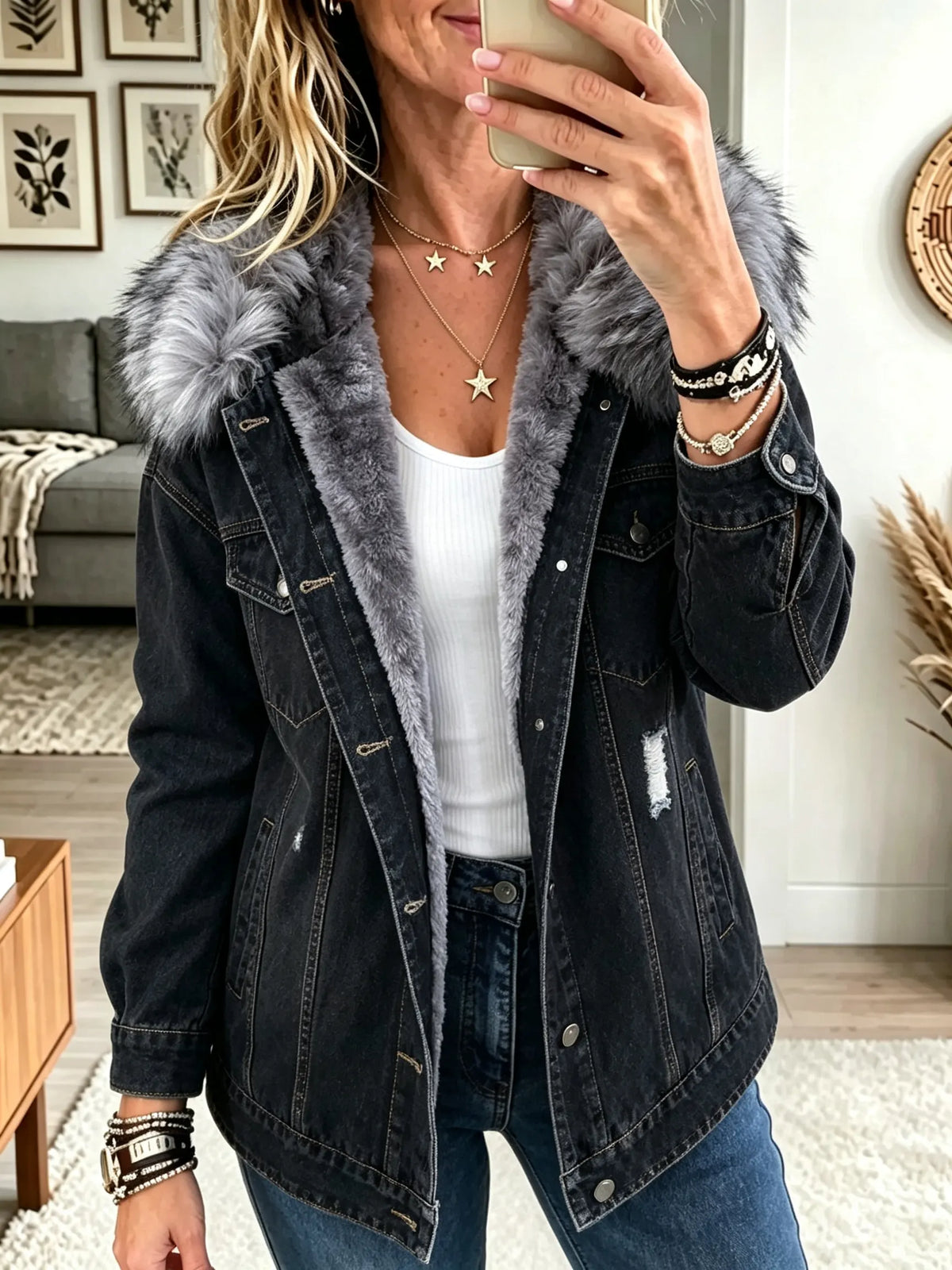 Chaqueta Vaquera con Capucha de Pelo y Forro Polar