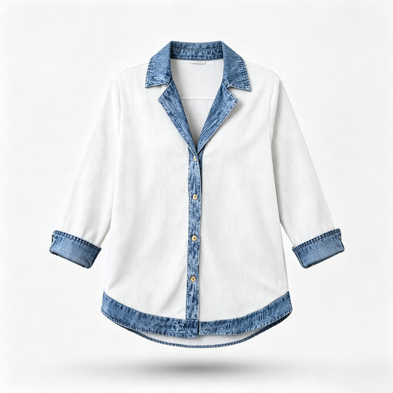 Camisa Acanalada con Detalles de Mezclilla para Mujer