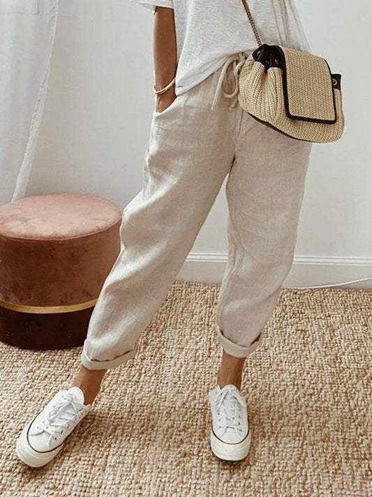 Pantalón de lino y algodón de corte relajado con cintura elástica