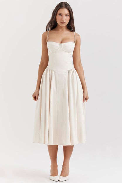 Vestido midi con cuerpo corsé y falda acampanada