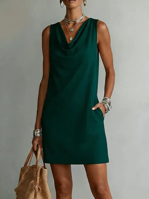 Vestido Mini sin Mangas con Cuello Drapeado y Bolsillos