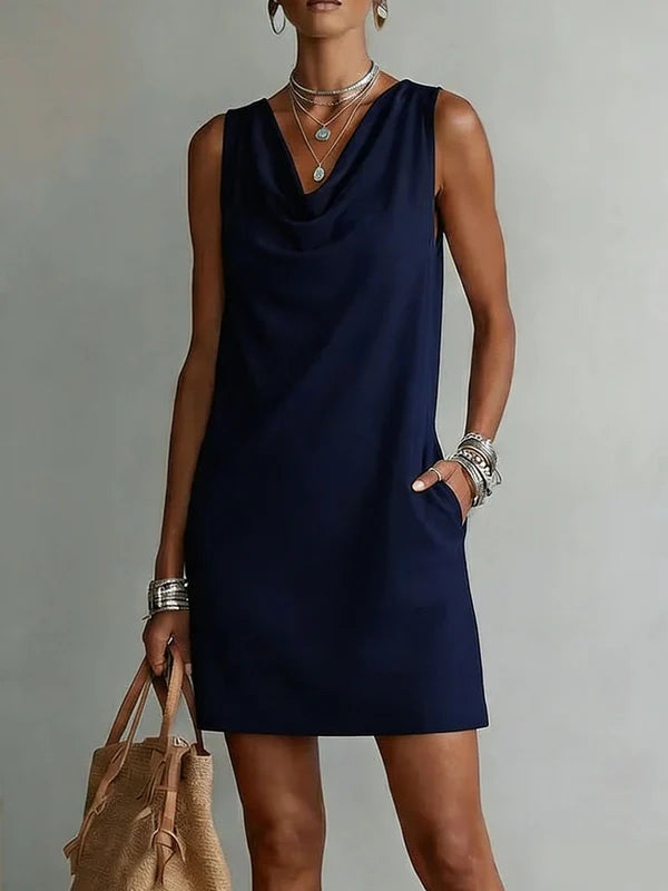 Vestido Mini sin Mangas con Cuello Drapeado y Bolsillos