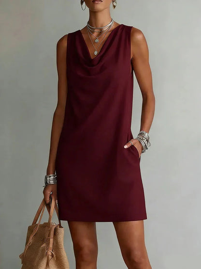 Vestido Mini sin Mangas con Cuello Drapeado y Bolsillos